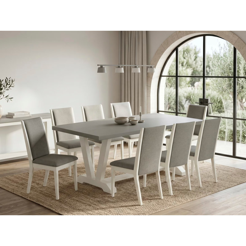 9-Piece Dining Room Table Set Consists of a Cement Wood Table and 8 Dark Shitake Linen Fabric Dining Chairs with High Back - Wire Brushed Linen White