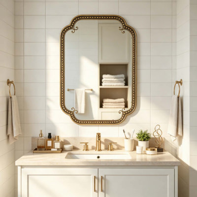 Miroir mural décoratif irrégulier - Grand miroir de salle de bain orné de perles, miroir rectangulaire à cadre métallique pour coiffeuse, salon, salle à manger, chambre, entrée, angle arrondi