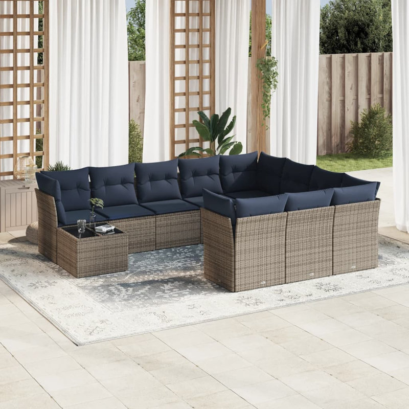 Ensemble de canapé de patio 11 pièces avec coussins en rotin de polyester, Gris, Marine