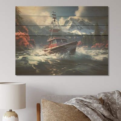 Red And White Fishing Boat In River III - Boat Fishing On Wood Print
