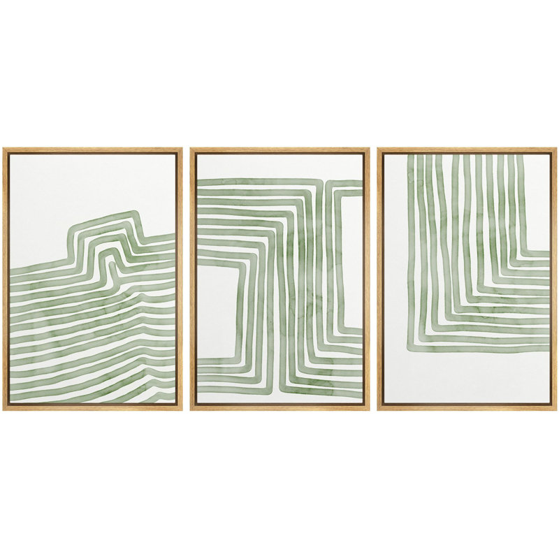 Geometric Line " Sage Green Stripe Polygon Pattern Collage Abstract Geometric Decor Mid-Century Modern " 3 - Pieces