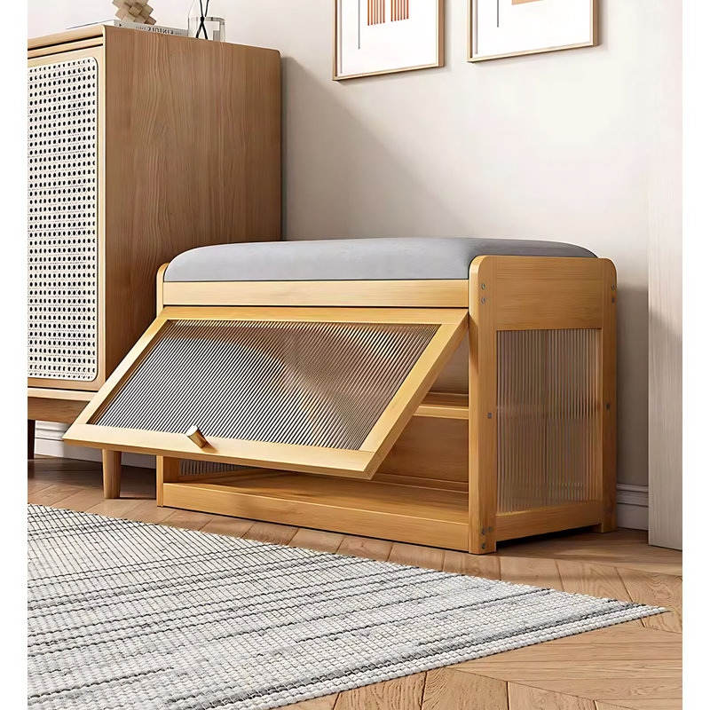 Banc de rangement transparent pour chaussures en bambou, Tanné