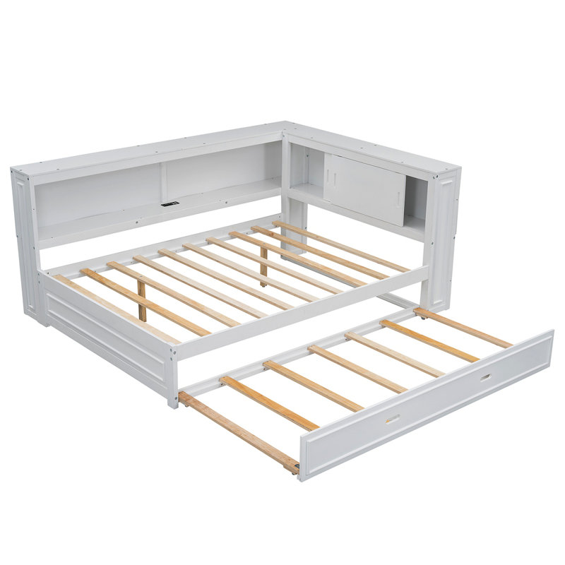 Lit de jour en bois avec tablettes de rangement, USB, DEL et lit gigogne, Blanc