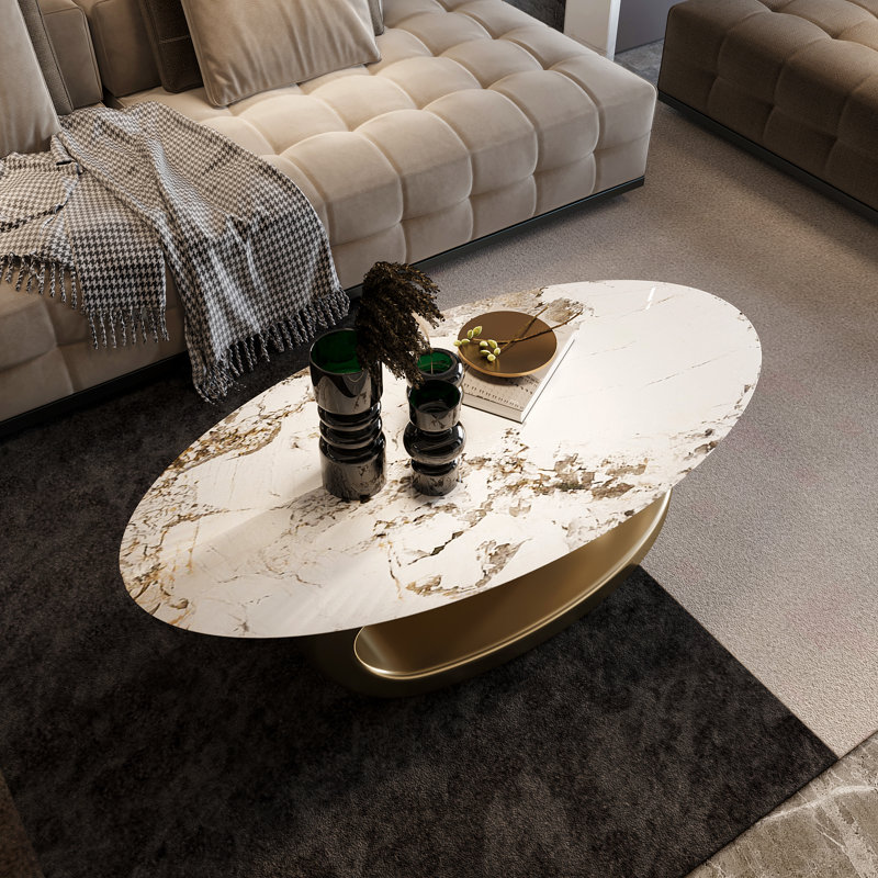 Liliane 51.18'' Pandora Contemporary Oval Coffee Table With Gold Stainless Steel Base, Faux Marble Countertop For Living Room