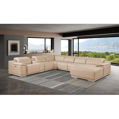 Canapé modulaire en L en cuir véritable 6 pièces beige avec 2 fauteuils inclinables électriques et appuis-tête réglables