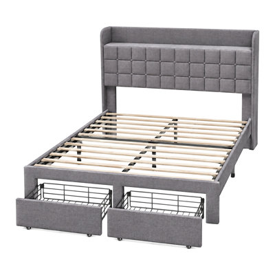 Full Size Bed Frame with 2 Storage Drawers, Upholstered Headboard, Sturdy Metal Frame, Gray
