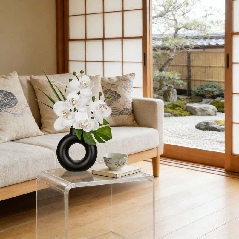 Ensemble de 2 orchidées en soie artificielle avec pot en céramique, fleurs d'orchidées blanches réalistes pour bureau moderne
