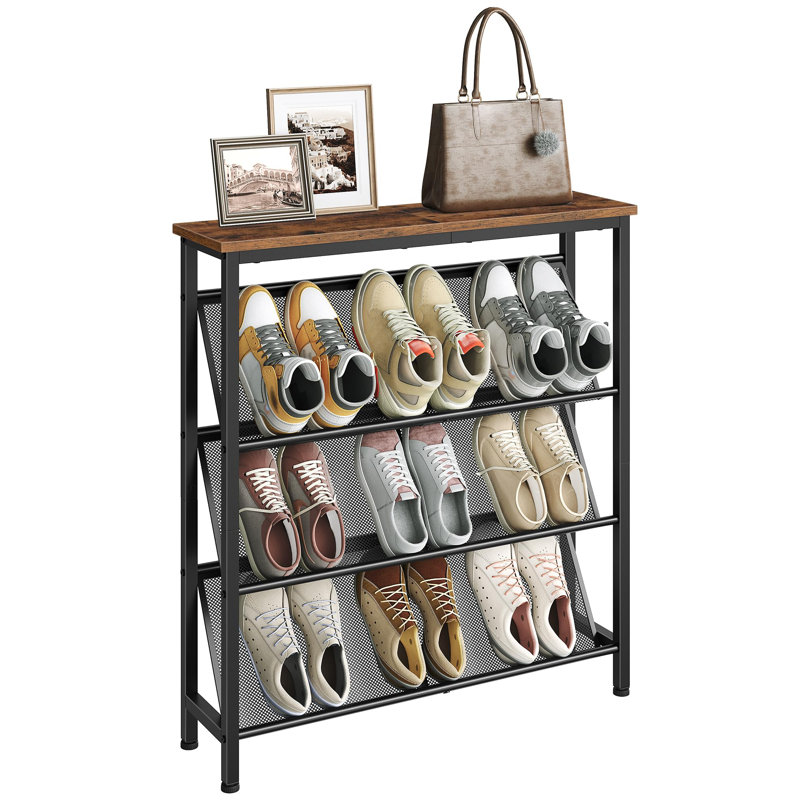 Étagère à chaussures inclinée à 4 niveaux, range-chaussures avec pieds réglables, étagère à chaussures mince avec plateau en bois et structure en métal, noir