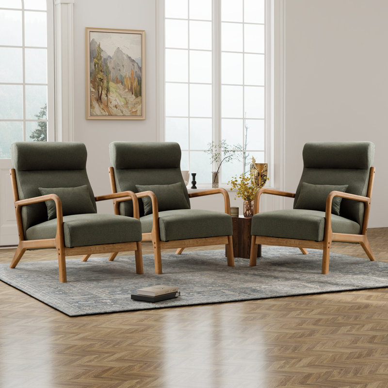 Cashel 26'' Wide Transitional Traditional Upholstered Accent Chair with Lumbar Pillow(Set of 3), Green  Linen