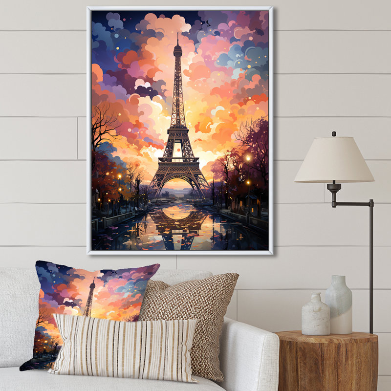 Tour Eiffel de nuit coloré, art mural de la ville de Paris, Cadre flottant blanc, H 32 po x l 16 po