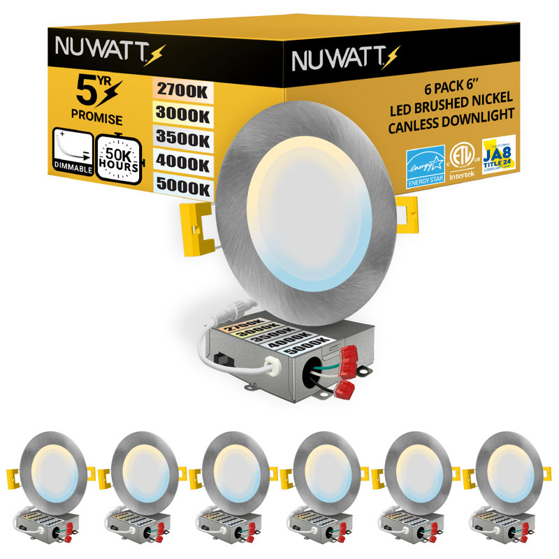 NuWatt Brushed Nickel 6" LED Canless Recessed Downlight Kit - Energy Star