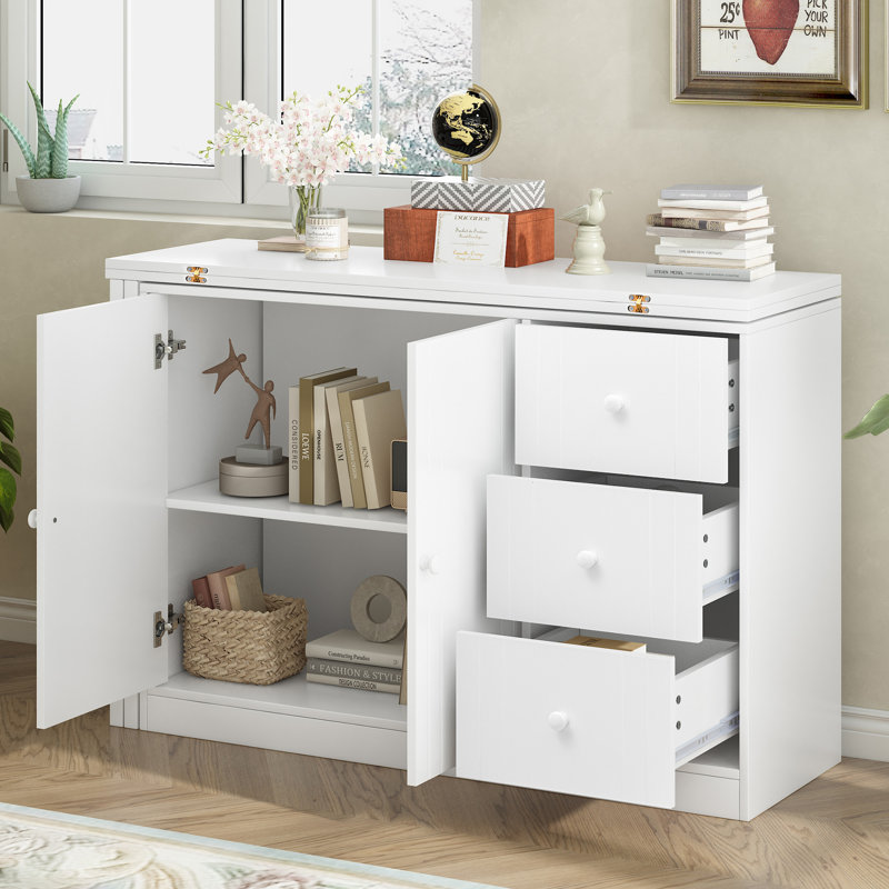 Innovative Sideboard That Effortlessly Converts Into A Dining Table And Adjustable Pull-Out Top For Flexible Use, White