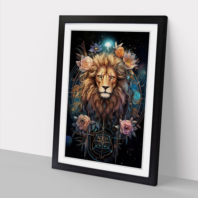XYZ-FRM-V1223-4152 Leo Zodiac Informel - Single Picture Frame Print on Wood, 64cm H x 46cm W x 2cm D, Black