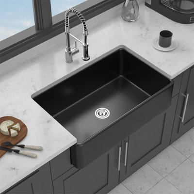 33" Matte Black Farmhouse Sink - 33 X 20 X 10 Inch Kitchen Sink Apron Front Porcelain Ceramic Single Bowl Farmer Sink Basin
