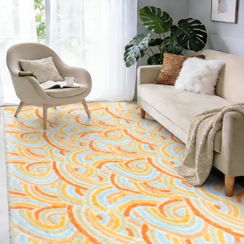 Tapis moelleux antidérapant à poils longs, Rectangle de 5 pi x 8 pi, Rose clair / rose / blanc