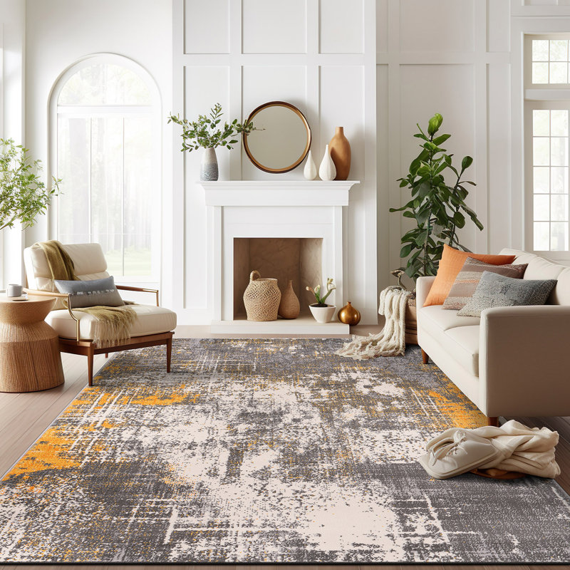 Rainiero Abstract Performance Gray/Yellow/Ivory Rug, Rectangle 5' x 7'