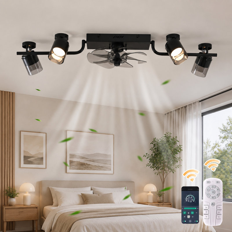39.37" Dimmable Reversible Ceiling Fan With LED Spotlights And Remote Control And APP, Black