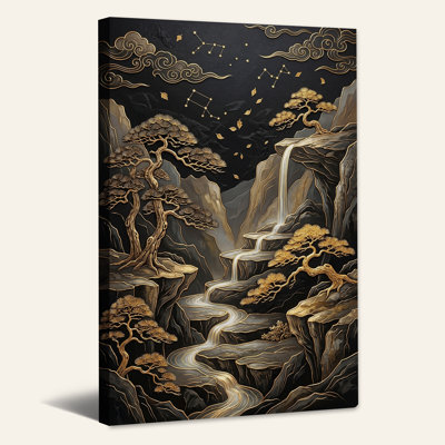 Art mural sur toile, "Golden pins" et cascade avec constellations