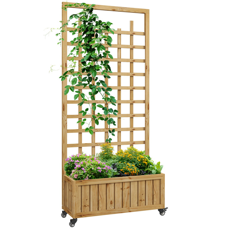 Briara Wooden Trellis Planter Raised Beds for Garden with Wheels, Natural