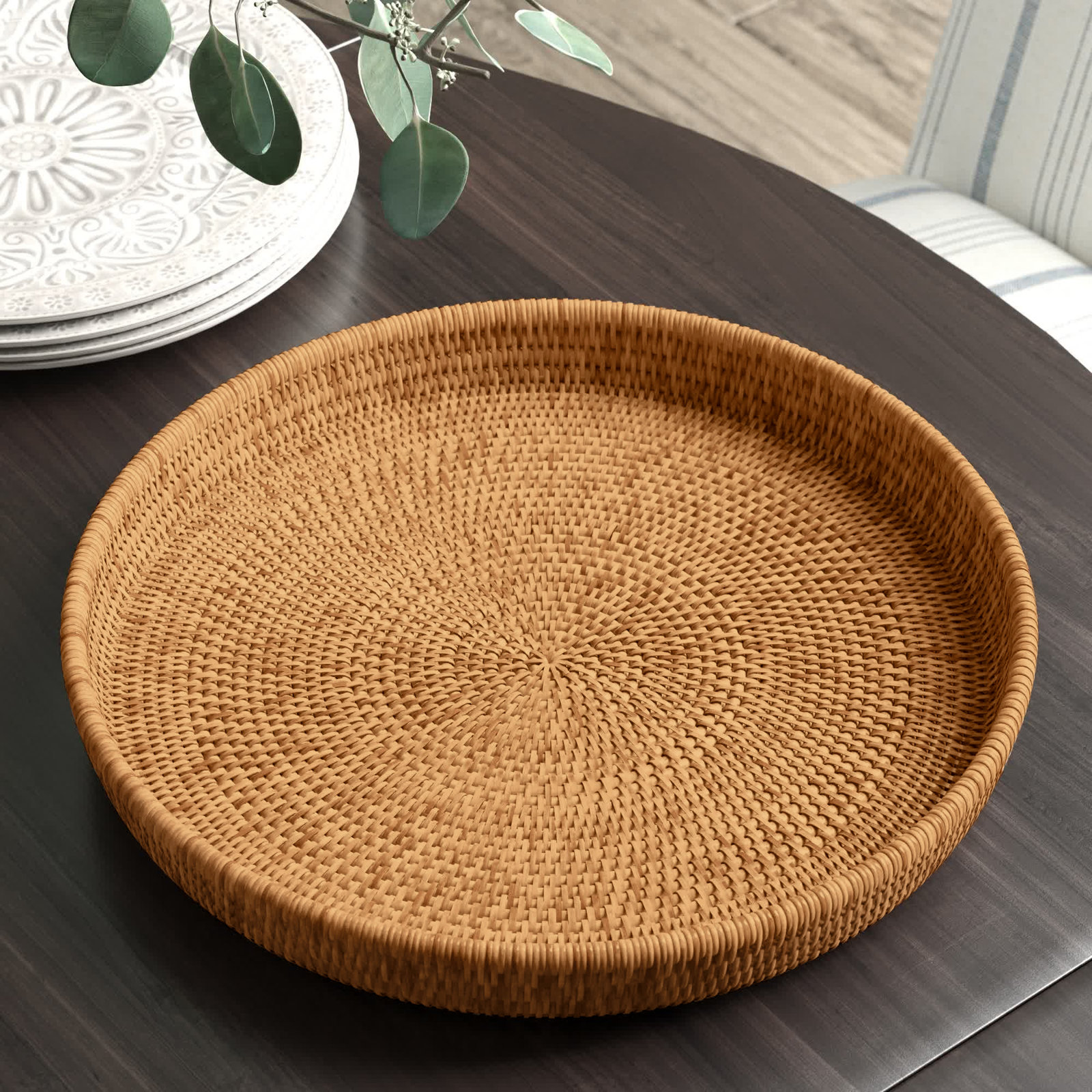 Wicker Decorative Tray, 1" H x 16" W x 16" D, No Bundle, Honey Brown