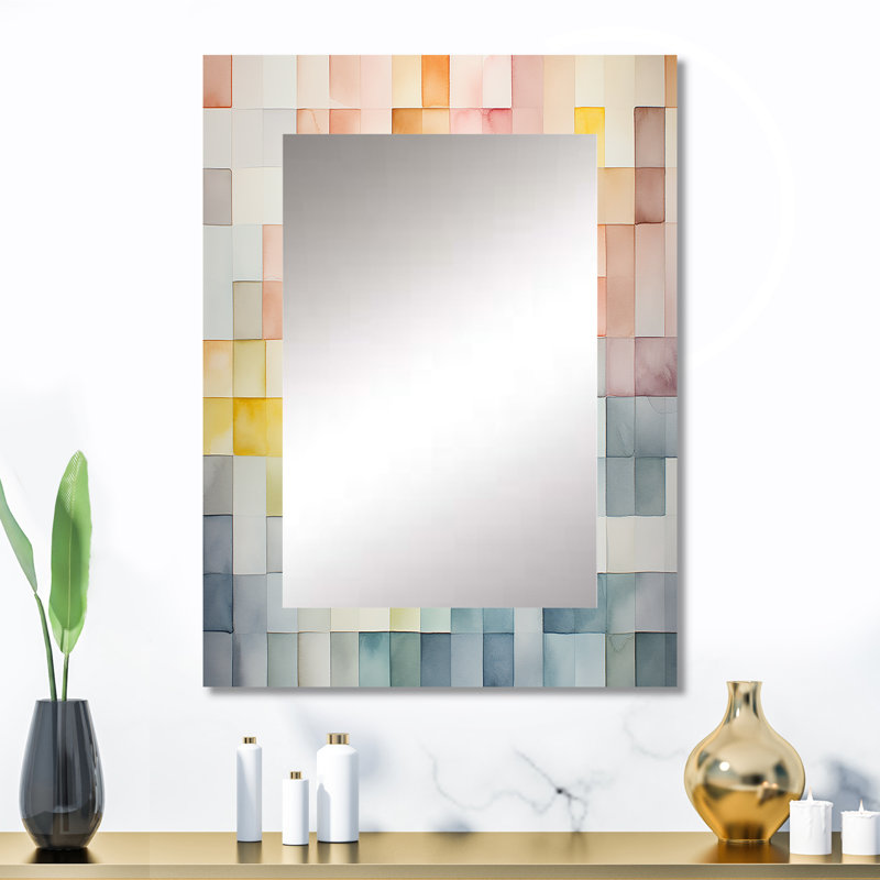 Multicolor cubes motifs II - grand miroir mural géométrique, miroir décoratif moderne, impression d'art en métal