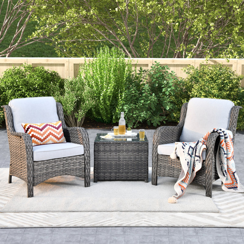 Thala Wicker/Rattan 3 Piece Patio Set with Cushions, Gray, Gray