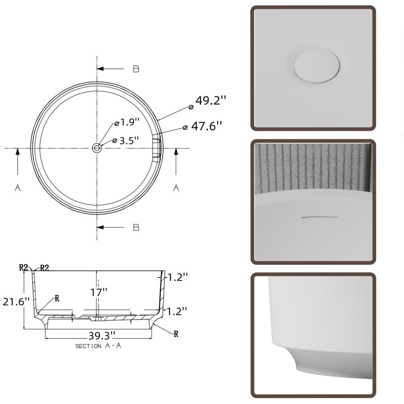 49'' x 49'' Freestanding Solid Surface Bathtub
