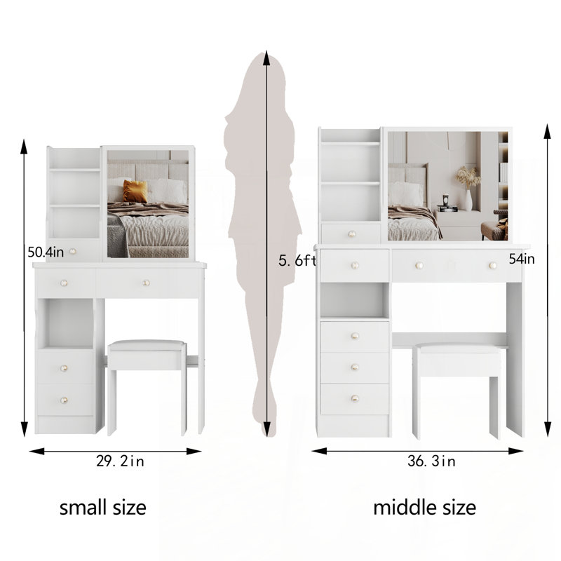 29.2" Small Size Left Drawer Desktop Vanity Table + Cushioned Stool, Extra Large Right sliding mirror, Multi Layer High Capacity Storage, Practical Fashionable Dresser, Suitable For Small Space