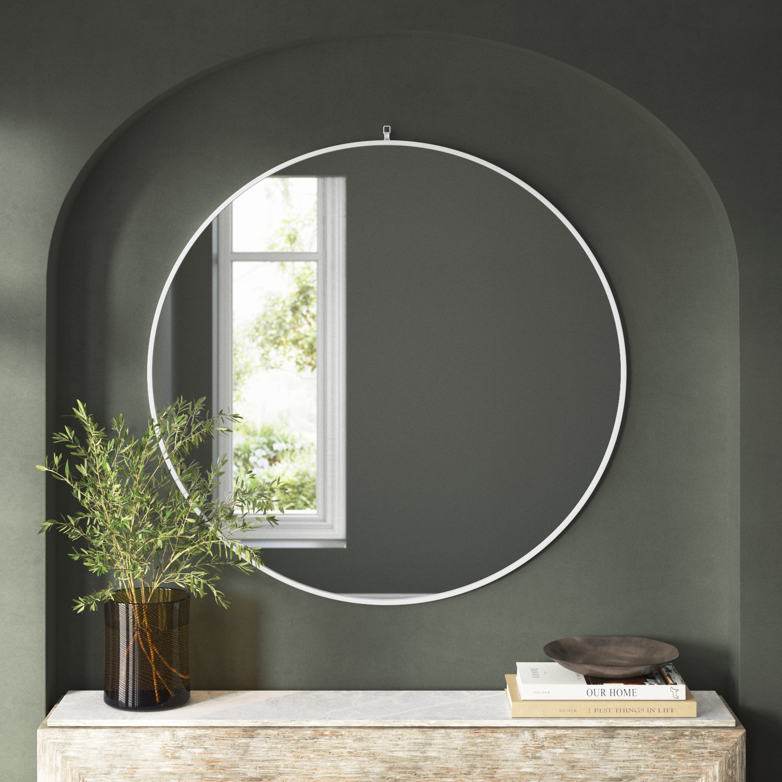 Cassie Metal/Manufactured Wood Round Wall Mirror, 48" x 48" , White