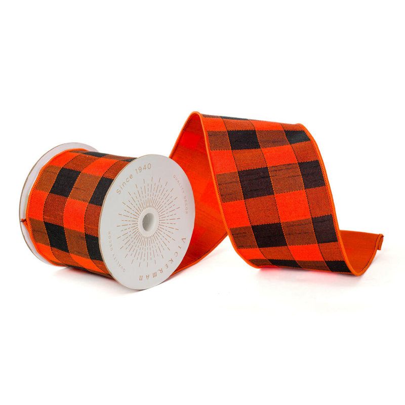 Vickerman 4"X10 Yds Orange and Black Buffalo Check with Orange Backing Ribbon.