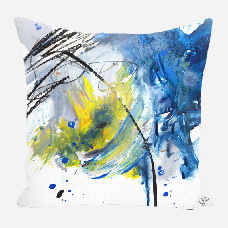 Housse et insert en lin, 9 po x 9 po, Carré, Blue/White/Yellow Abstract