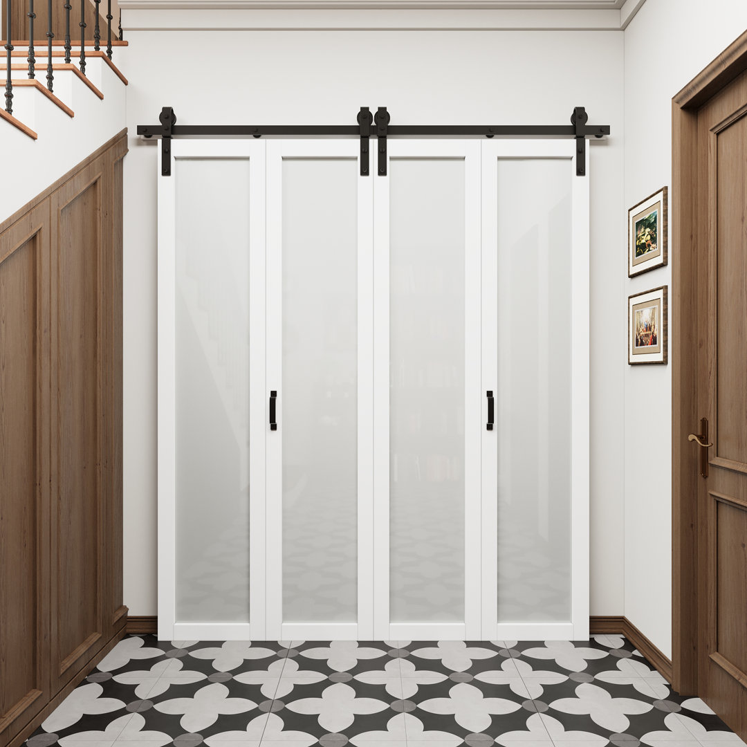 84'' Solid Manufactured Wood Glass Bi Fold Sliding Barn Door with Installation Hardware Kit HOZONE 