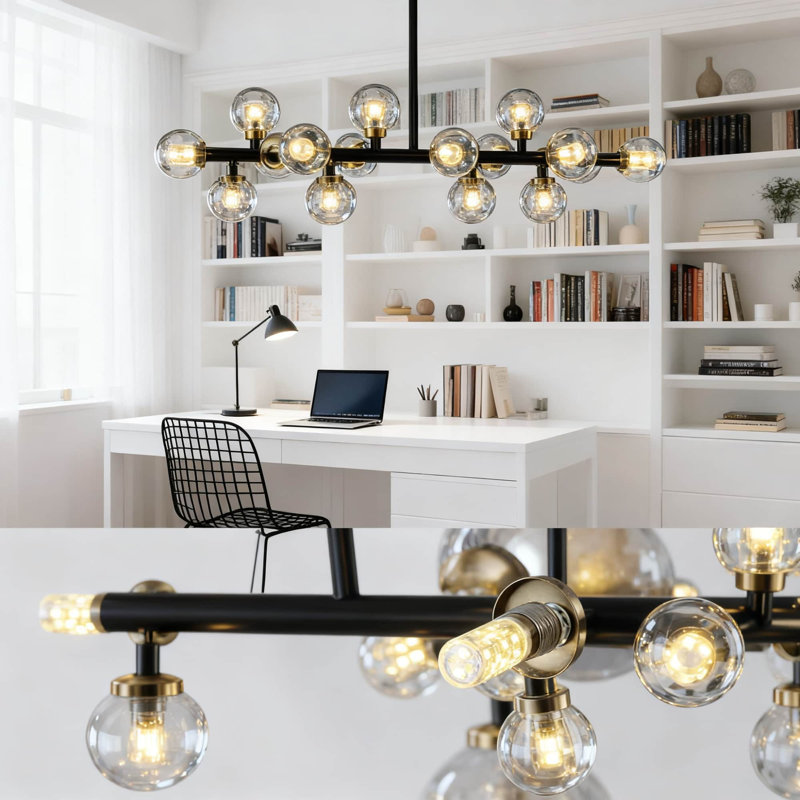 Lustre linéaire moderne avec globes en verre gris fumée, luminaire suspendu de style Spoutnik 16 lumières pour salle à manger, îlot de cuisine, salon