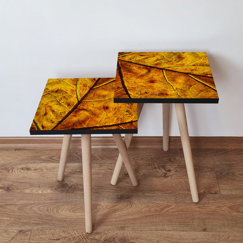 Modern Nesting Table Set (2 Pieces), Mustard & Brown, 13.8 x 18.5 x 13.8 inches | 100% MDF with Beech Wood Legs, Thickness: 0.7 inches | Stylish & Functional Design for Living Room, Home Office & Novelty Spaces