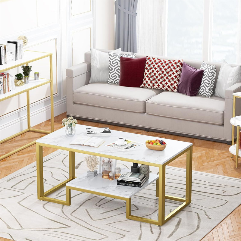 Daira Coffee Table with Storage, White, Gold