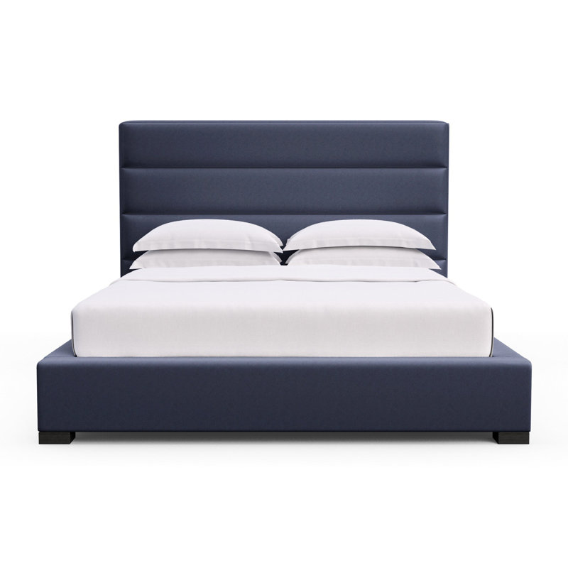 Lit tapissier Boyd, Double, Velours moelleux imprimé bleu, Ébène