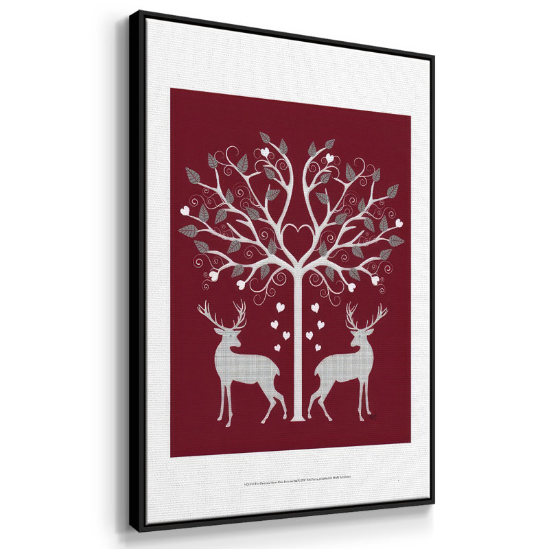 Christmas Des - Deer and Heart Tree, gris sur fond rouge, reproduction sur toile, H 25 po x l 17 po x P 1,5 po, Noir