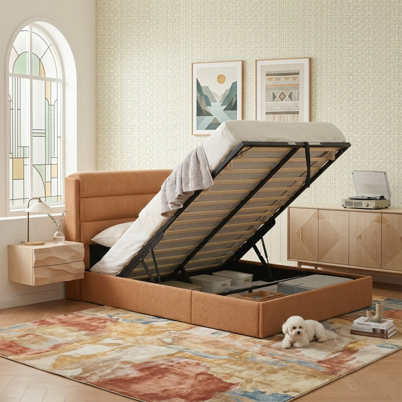 Lit plateforme tapissier avec rangement relevable, Grand, Jaune Ginkgo
