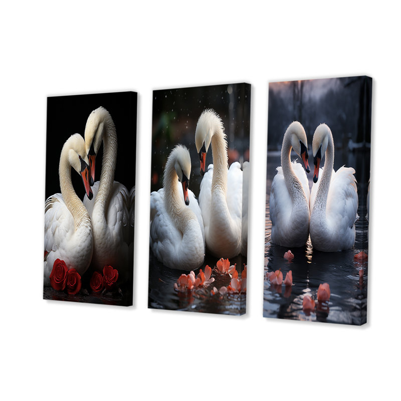 Swans Romantic Portrait - Ensemble de 3 décorations murales Swans, Toile tendue, H 40 po x l 60 po