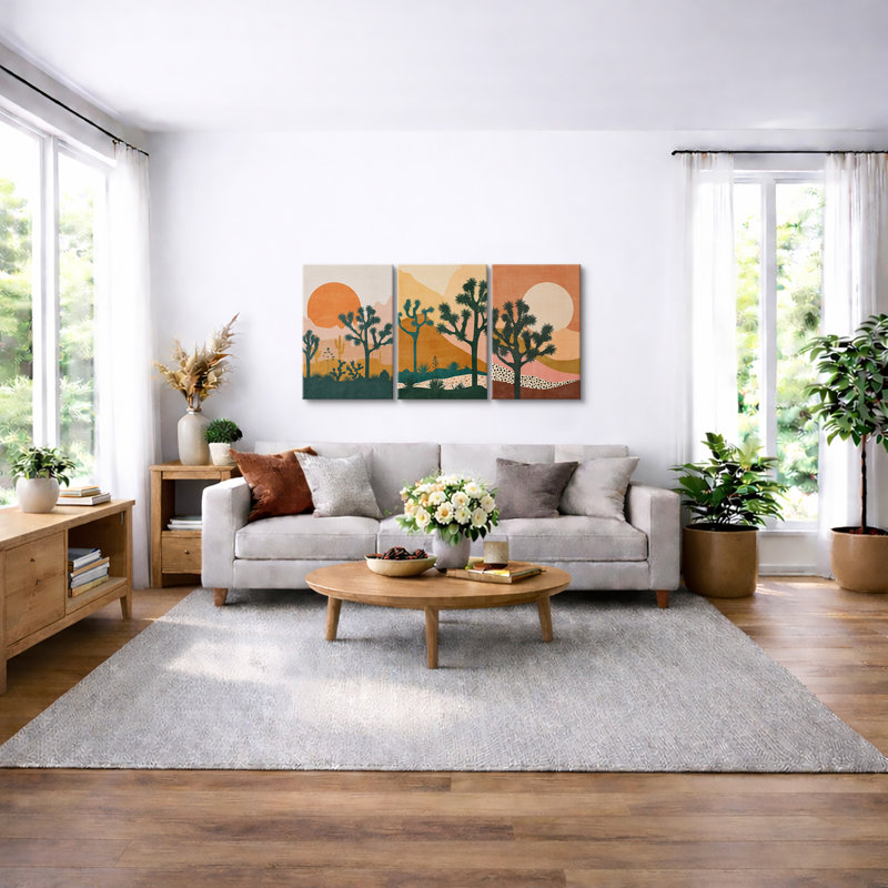 «Cactus Desert Bright Orange Sun Desert Joshua Tree Southwestern», impression encadrée sur toile, 3 pièces, H 36 po x l 24 po