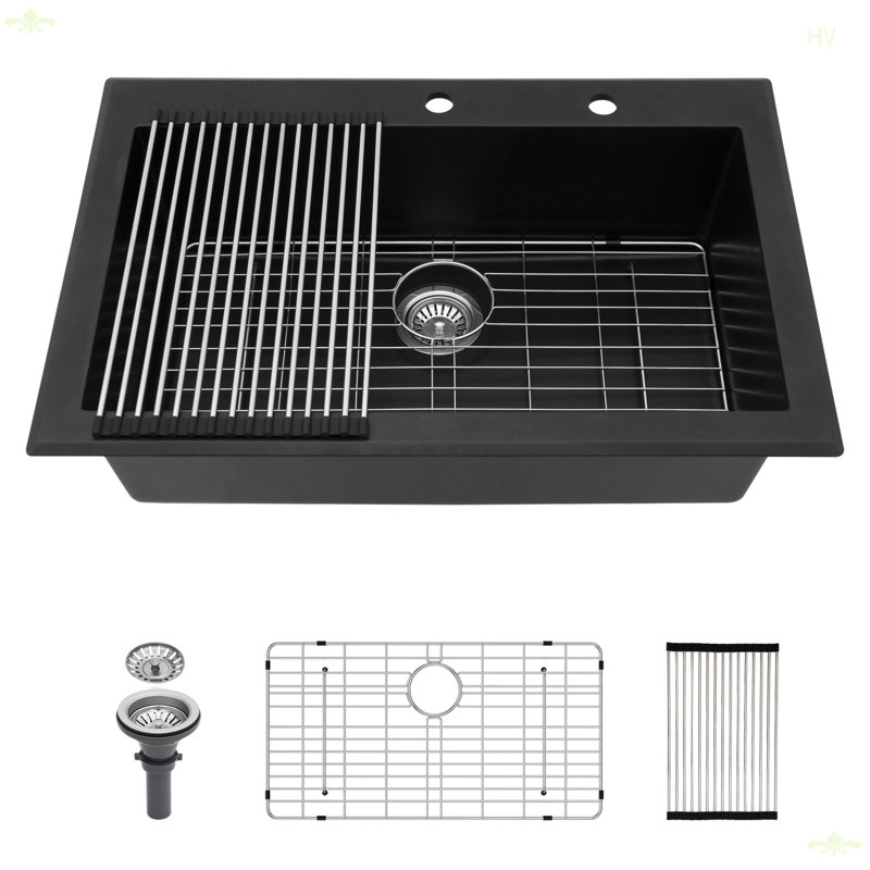 Quartz Kitchen Sink - 33X22" Black Granite Composite Drop In Kitchen Sink