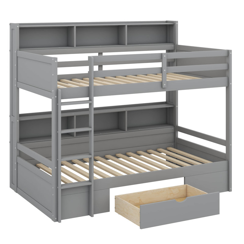 Lit superposé avec tablettes intégrées à côté des lits supérieur et inférieur et tiroir de rangement, Gris