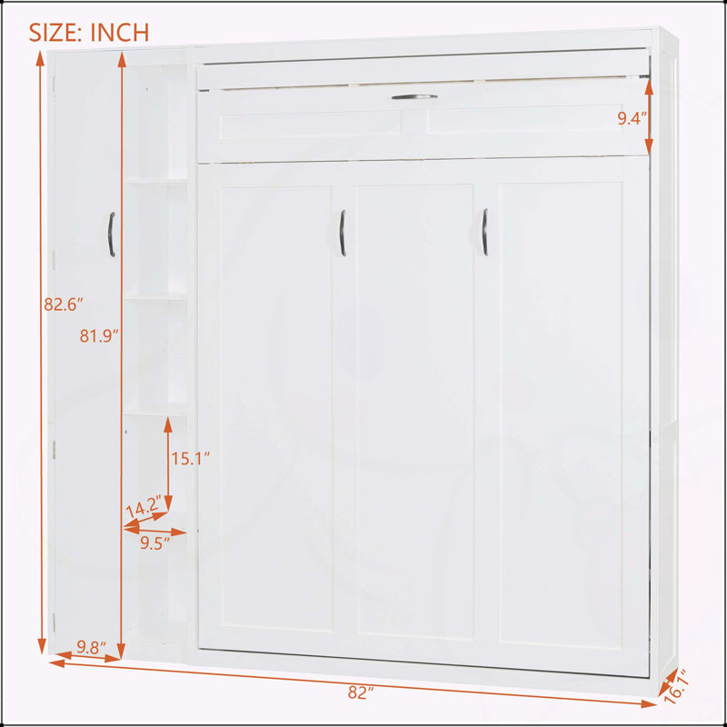 Lit escamotable double pleine grandeur avec tablettes, Blanc