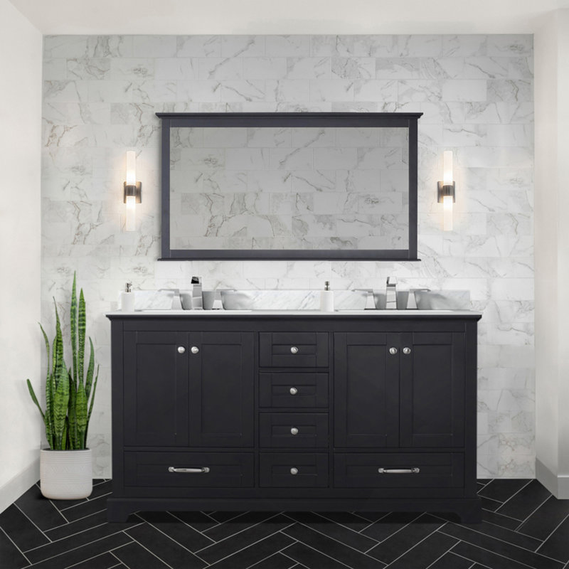 Meuble-lavabo double espresso 60 po X P 22 po D, dessus en marbre de Carrare et ensemble de robinet, 60", Espresso