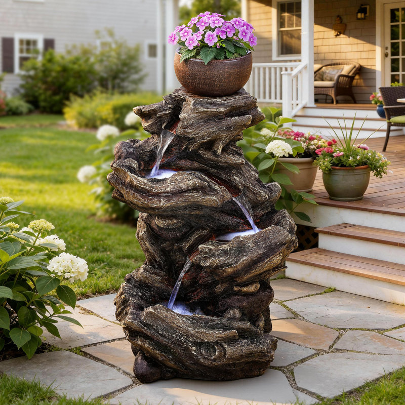 33.3" Wood Grain Water Fountain with LED Lights & Pump, 5-Tier Brown-Green Cascading Waterfall Decor, Weather-Resistant Resin Outdoor Feature for Patio or Porch