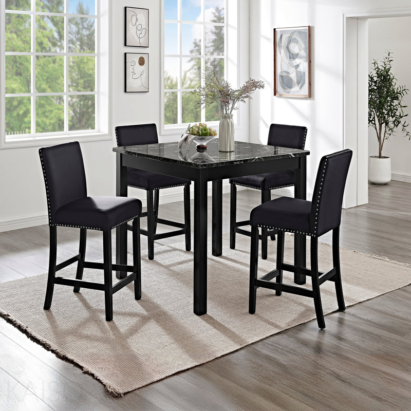 Ensemble de salle à manger à hauteur de comptoir 5 pièces Table carrée en faux marbre et chaises rembourrées