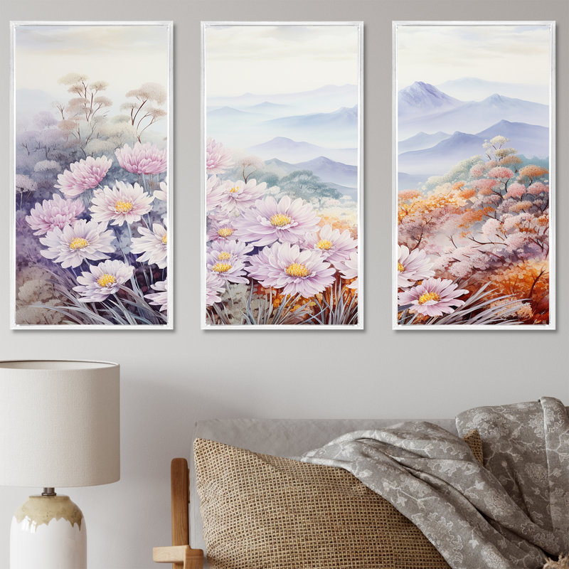 Mums Flowers In Mountain Scenery - Ensemble de décorations murales fleurs, H 28 po x l 36 po x P 1 po, Cadre flottant blanc