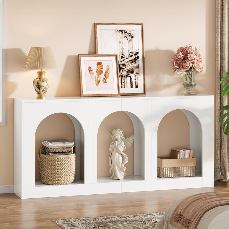 Console ouverte à 3 arches, canapé d'entrée en bois aggloméré blanc de 70,9 pouces avec trois coins de rangement encastrés en arche, table d'appoint classique pour vestibule, salon et canapé derrière