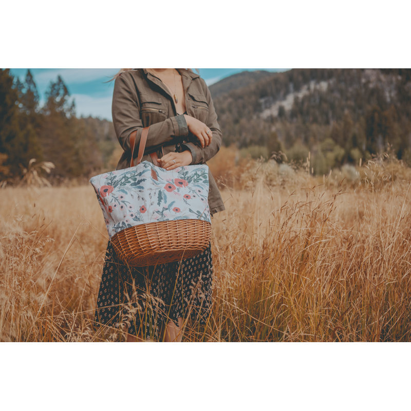 Floral Canvas and Willow Picnic Basket with Leatherette Strap