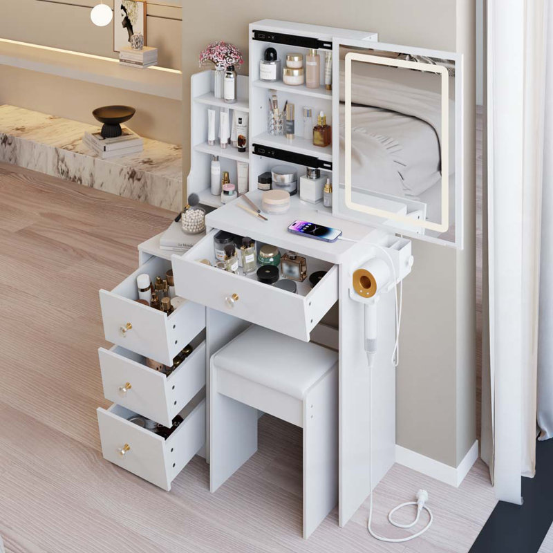 Jamie Cabinet Vanity Table with Padded Stool, White